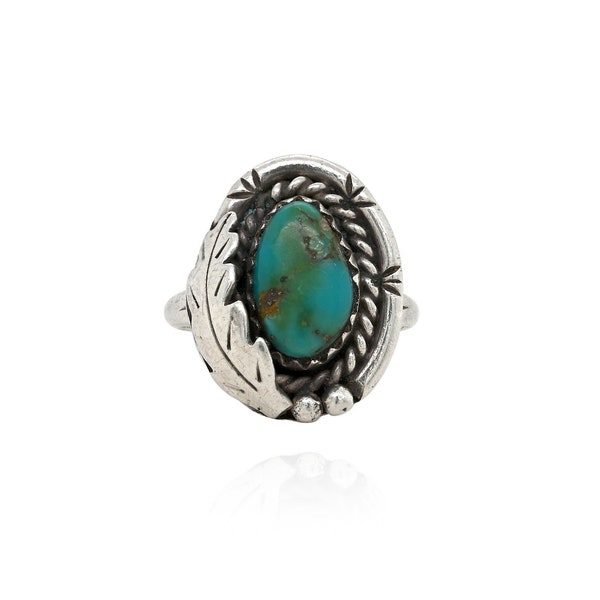 Sterling Silver Native American Turquoise Leaf Ring, Old Pawn Navajo Turquoise Ring, Old Pawn Turquoise Jewelry, Old Turquoise Ring