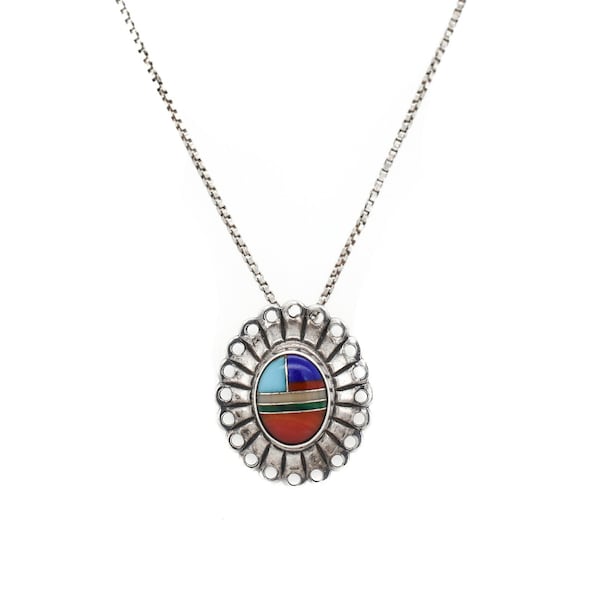 Sterling Silver Native American Multigem Inlay Necklace, Turquoise Inlay Pendant, Turquoise Inlay Necklace, Native American Mosaic Necklace