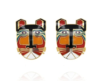 Laurel Burch "Miikio" Tiger Cat Wire Enamel Earrings, Laurel Burch Cat Earrings, Tiger Earrings, Enamel Earrings, Laurel Burch Jewelry