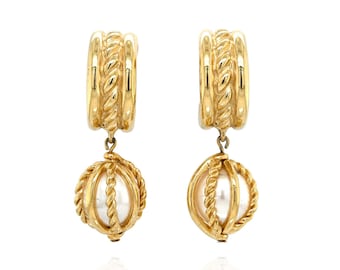 Gold Tone ontwerper GIVENCHY clip op parel Dangle Oorbellen, Givenchy clip oorbellen, retro gouden oorbellen, designer oorbellen, Givenchy sieraden