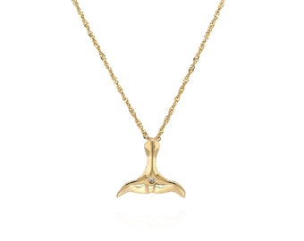 14k Yellow Gold Diamond Whale Tail Necklace, Whale Tail Pendant, Island Jewelry, Island Necklace, Delicate 14k Gold Layering Necklace