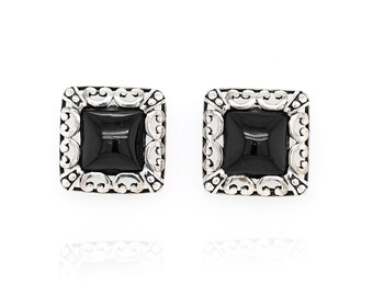 Vintage vierkante oorknopjes van sterling zilver met zwarte onyx, 925 zilver, filigraan, handgemaakt, statement oorbellen in gotische stijl, zuidwestelijk design, cadeau voor haar