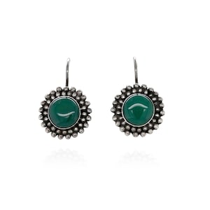 Sterling Silver and Green Onyx Dangle Earrings, Cabochon Earrings, Sterling Flower Earrings, Green Onyx Earrings, Green Jewelry