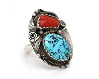 Vintage Justin Morris sterlingzilveren ring turkoois en koraal – handgesigneerd – maat 9 – Native American Southwestern-statementring