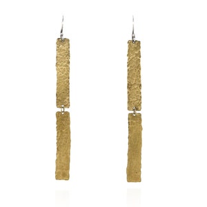 Sterling and Brass Long Dangle Earrings, Mixed Metal Earrings, 925 Silver and Brass Earrings, Brass Artisan Earrings, Hammered Brass Jewelry