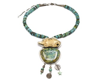 Massive Sterling Silver Echo of the Dreamer Turquoise Tribal Beaded Statement Necklace, Alligator Necklace, Carved Gemstone Necklace