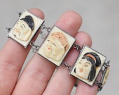 Sterling Silver and Carved Bone Japanese Seven Gods Panel Bracelet, Japanese Bracelet, Asian Sterling Panel Bracelet, Japan Carvings