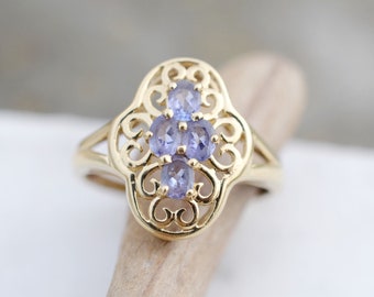 14k Yellow Filigree Lavender Gemstone Ring, Gold Filigree Ring, 14k Oval Gemstone Ring, 14k Gold Swirl Ring, Filigree 14k Gold Jewelry