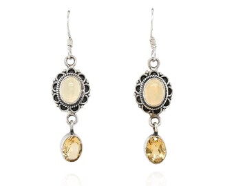 Pendientes colgantes de plata de ley 925 con ópalo gelatinoso y citrino / Pendientes de dos piedras preciosas / Pendientes colgantes de plata ornamentados