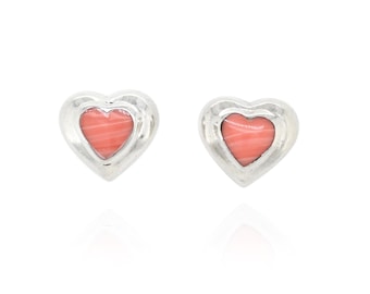 Vintage sterling zilveren oorbellen met imitatiekoraal in hartvorm (925 zilver, Mexico, ATI-inleg), bolvormig hart, liefdesgeschenk, sieraden in Zuidwestelijke stijl.