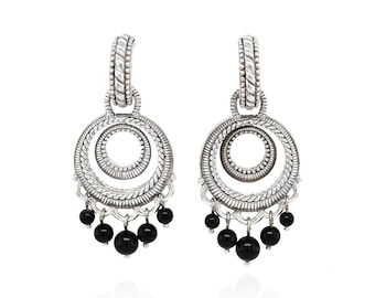 Pendientes colgantes de ónix y plata de ley Judith Ripka, aros convertibles tipo huggie, pendientes de diseño llamativos de plata 925, ónix negro.