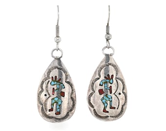 Sterlingzilveren kokopelli met turkoois en koraal ingelegde hangoorbellen | Traanoorbellen in het zuidwesten van Amerika | Vintage ambachtelijke sieraden