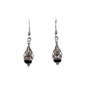 Sterling Silver Delicate Onyx Leaf Dangle Earrings, Sterling Leaf Earrings, Delicate Sterling Earrings, Boho Gemstone Leaf Earrings
