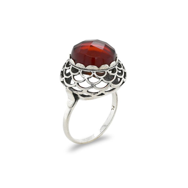 Sterling Silver PL Poland Valerio Faceted Amber Ring, Polish Sterling Ring, Polish Jewelry Ring, European Artisan Ring, Amber Dome Ring