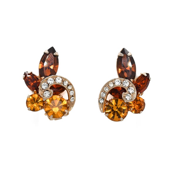 Vintage Amber Rhinestone WEISS Clip On Cluster Earrings, Rhinestone Clip Earrings, Glam Earrings, Orange Rhinestone Earrings, Weiss Jewelry