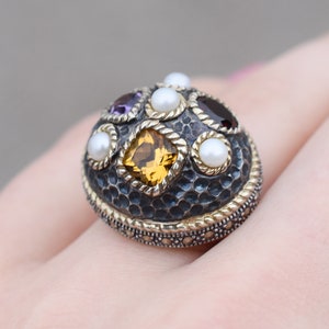 Sterling Silver JUDITH JACK Marcasite Pearl Gemstone Dome RIng, Sterling Marcasite Ring, Sterling Multigem Cocktail Ring, Judith Jack Ring