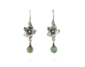 Sterling Flower Beaded Dangle Earrings, Silver Flower Earrings, Delicate Glass Bead Dangle Earrings, 925 Boho Flower Earrings