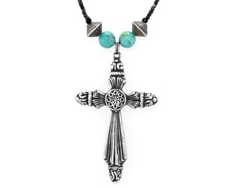Vintage 925 sterlingzilveren kruisketting met kralen | Zwart glas en gesimuleerde turquoise kralenketting | Zuidwestelijke boho-kruishanger