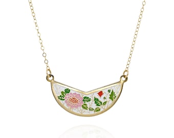 14K vergulde emaille bloemenketting met witte en roze bloemen, art nouveau tuinhanger, delicate vintage GF sieraden, cadeau voor haar