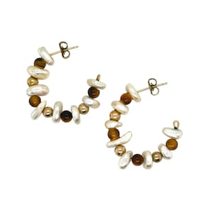 14k Yellow Gold Fill Pearl and Tiger&#39;s Eye Hoop Earrings, Tiger&#39;s Eye Jewelry, Pearl Hoop Earrings, Natural Gemstone Earrings, Beaded Hoops