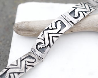 Sterling Silver Tribal Link Bracelet, Aztec Sterling Silver Bracelet, Tribal Sterling, Sterling Taxco Link Bracelet, Tribal Link Bracelet