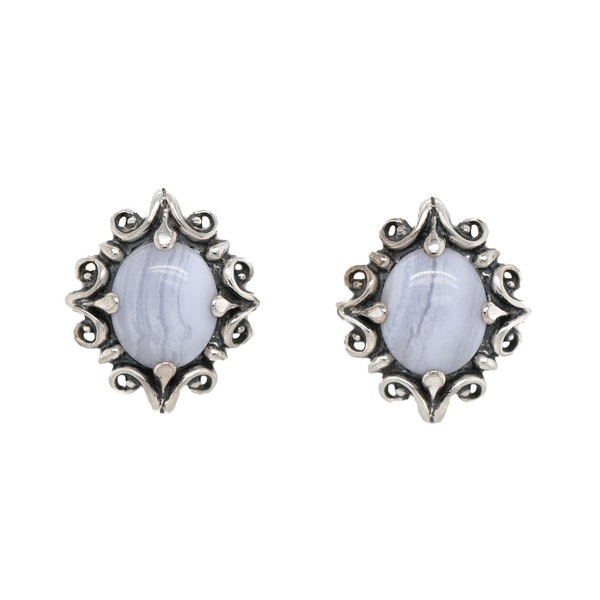 Sterling Silver American West Carolyn Pollack Blue Lace Agate Clip On Earrings, Carolyn Pollack Earrings, Sterling Blue Agate Jewelry
