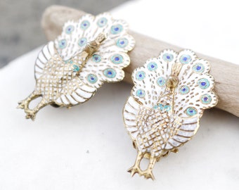 Sterling Silver Siamese Peacock Clip On Earrings, Sterling Peacock Earrings, Sterling Niello Earrings, Sterling Silver Siam Clip Earrings