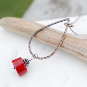 Sterling Silver Artisan Copper and Coral Necklace, Sterling Mixed Metal, Sterling Coral Necklace, Artsy Sterling Silver Charm Necklace