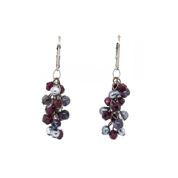 Sterling Silver Garnet Iolite and Pearl Beaded Cluster Dangle Earrings, Natural Gemstone Jewelry, Silver Beaded Cluster Earrings