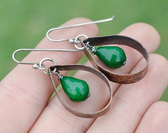 Sterling Silver and Copper Dangle Bead Earrings, Mixed Metal Earrings, Silver and Copper Earrings, Green Bead Earrings, Copper Jewelry