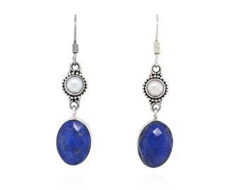 Vintage sterling zilveren oorbellen met lapis lazuli parel en hanger, 925 gefacetteerde edelsteen, boho oorbellen, blauwe statement sieraden