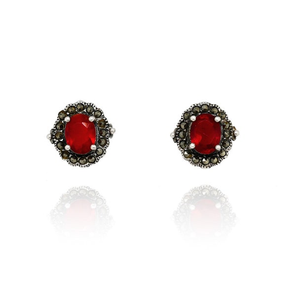 Sterling Red Glass Gemstone and Marcasite Stud Earrings, Sterling Marcasite Studs, Marcasite Stud Earrings, Red Jewelry, Art Deco Earrings