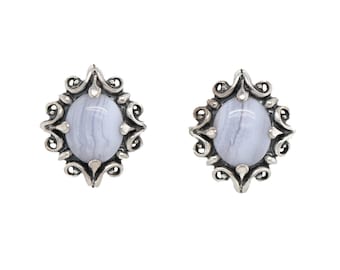 Sterlingzilver American West Carolyn Pollack blauwe kantagaat clip-oorbellen, Carolyn Pollack-oorbellen, sterlingblauwe agaat-sieraden