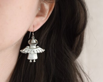 Sterling Dangle Angel Earrings Christmas Earrings 925 Silver Vintage Holiday Jewelry Guardian Angel Memorial Earrings