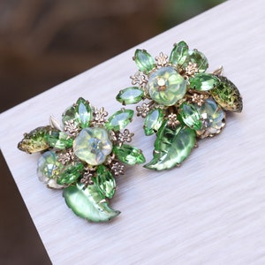 Gold Tone Floral Beaded Crystal Clip On Earrings, Flower Statement Earrings, Ornate Earrings, Green Crystal Bead Floral Clip On Earrings