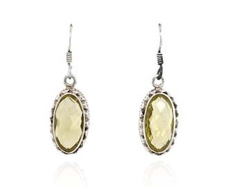 Pendientes colgantes de cuarzo amarillo facetado ovalado en plata de ley, pendientes de plata 925 estilo artesanal.