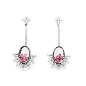 Sterling Floating Gem Pink CZ Dangle Earrings, Silver Pink Gemstone Earrings, Gemstone Locket Earrings, Floating Gemstone Earrings
