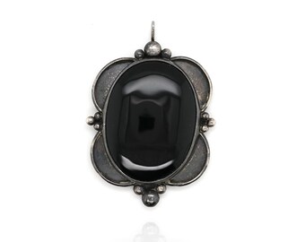 Grote vintage 925 sterlingzilveren zwarte onyx hanger | Ovale statementhanger cabochon | Ambachtelijke zuidwestelijke sieraden