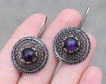 Sterling Filigree Amethyst Dangle Earrings, Silver Amethyst Earrings, Amethyst Jewelry, February Birthstone, Purple Gemstone Earrings