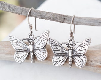 Sterling Silver Butterfly Dangle Earrings, Sterling Silver Moth Dangle Earrings, Insect Earrings, Insect Jewelry, Sterling Butterfly
