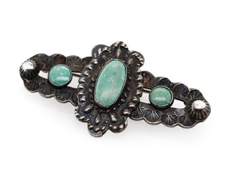 Sterling Silver Antique Green Turquoise Brooch, Sterling Navajo Turquoise Pin, Navajo Brooch, Old Pawn Sterling Silver Turquoise Brooch