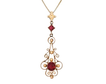 Antique Gold Gemstone Lavalier Pendant on 10k Chain, Antique Lavalier Pendant, Red Gemstone Lavalier, Antique Gold Gemstone Lavalier