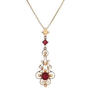 Antique Gold Gemstone Lavalier Pendant on 10k Chain, Antique Lavalier Pendant, Red Gemstone Lavalier, Antique Gold Gemstone Lavalier