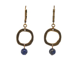Boho Brass Artisan Beaded Lapis Dangle Earrings, Lapis Jewelry, Artisan Earrings, Boho Lapis Earrings, Everyday Earrings, Lapis Earrings