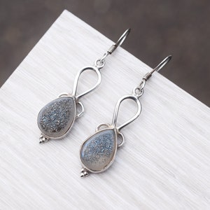 AS IS Sterling Silver Gray Druzy Dangle Earrings, Light Gray Jewelry, Sterling Silver Druzy Jewelry, Simple Druzy Dangle Earrings