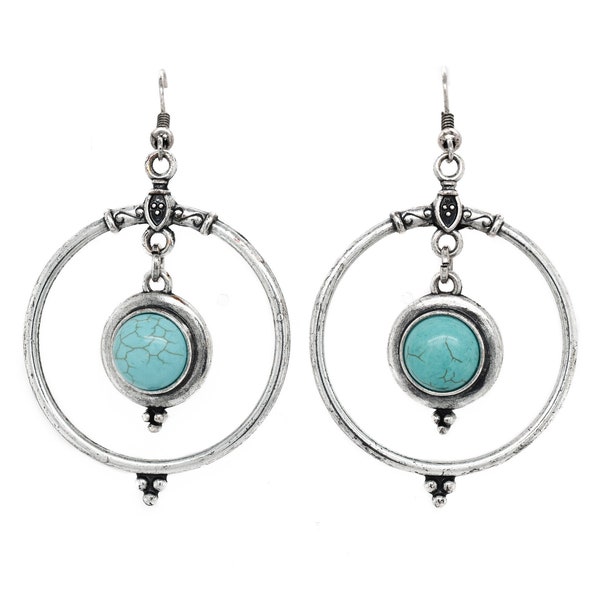 Silver Tone Marie Osmond Faux Turquoise Dangle Earrings, Southwestern Silver Earrings, Turquoise Jewelry, Western Silver Hoop Earrings