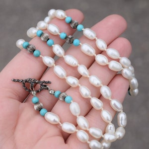 Strand of Pearls with Turquoise Beads and Silver Toggle Clasp, June Birthstone, Turquoise and Pearls, Pearl Jewelry, Beaded Turquoise Strand
