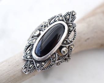 Sterling Silver Art Deco Onyx and Marcasite Ring, Art Deco Ring, Sterling Onyx Ring, Sterling Silver Marcasite Ring, Art Deco Sterling Ring