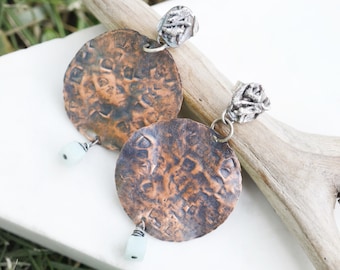 Sterling Silver Copper Disk Dangle Bead Earrings, Mixed Metal Earrings, Silver and Copper Earrings, Copper Disk Earrings, Copper Jewelry