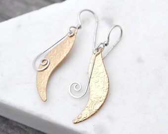 Sterling Silver and Brass Artsy Swirl Dangle Earrings, Mixed Metal Earrings, Sterling and Brass Earrings, Textured Brass Earrings